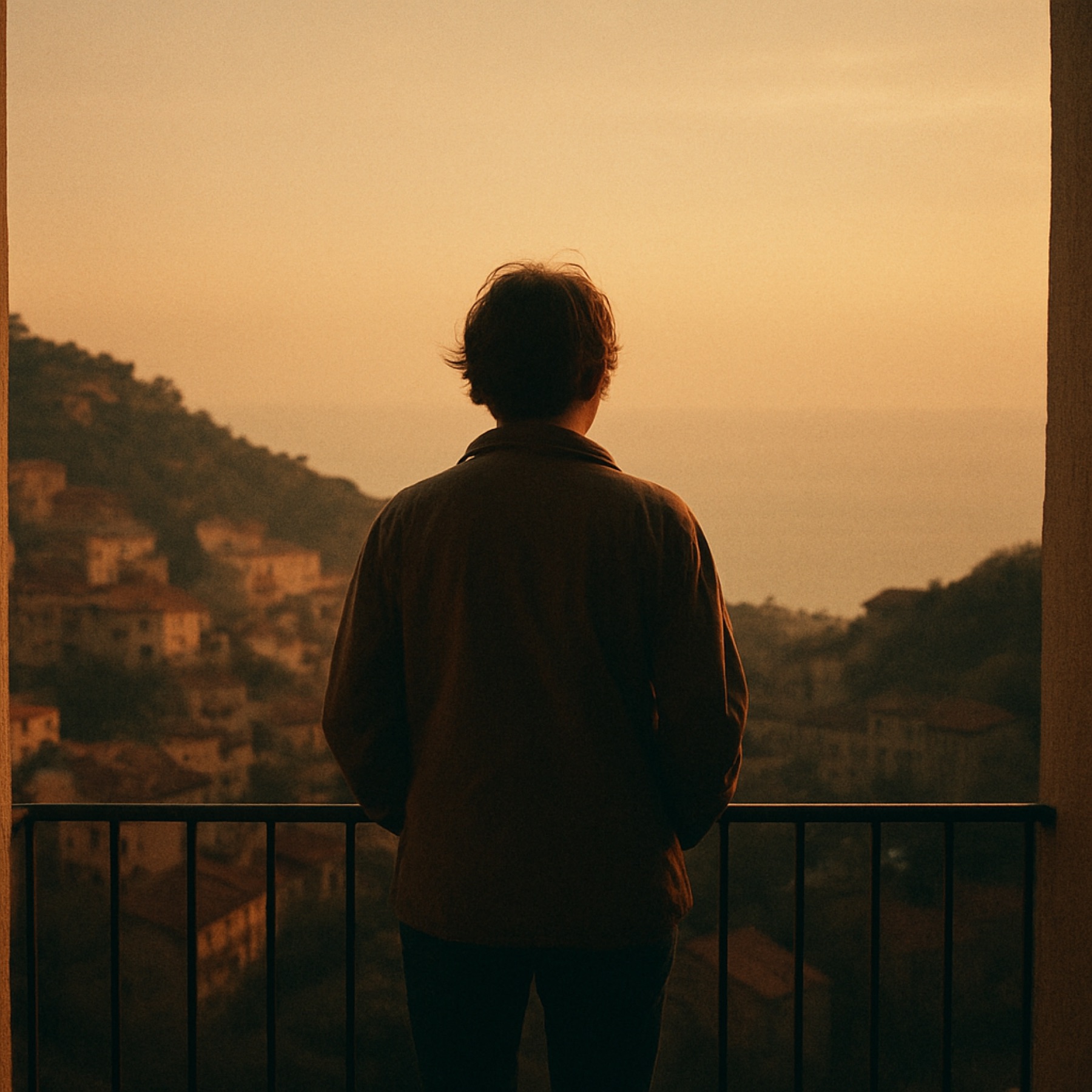 A lone person standing on a balcony at golden hour, gazing out over a hillside town descending to the sea